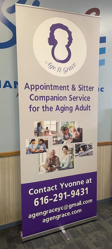 Banner for Aging and Grace senior care with contact info and images of elderly care.