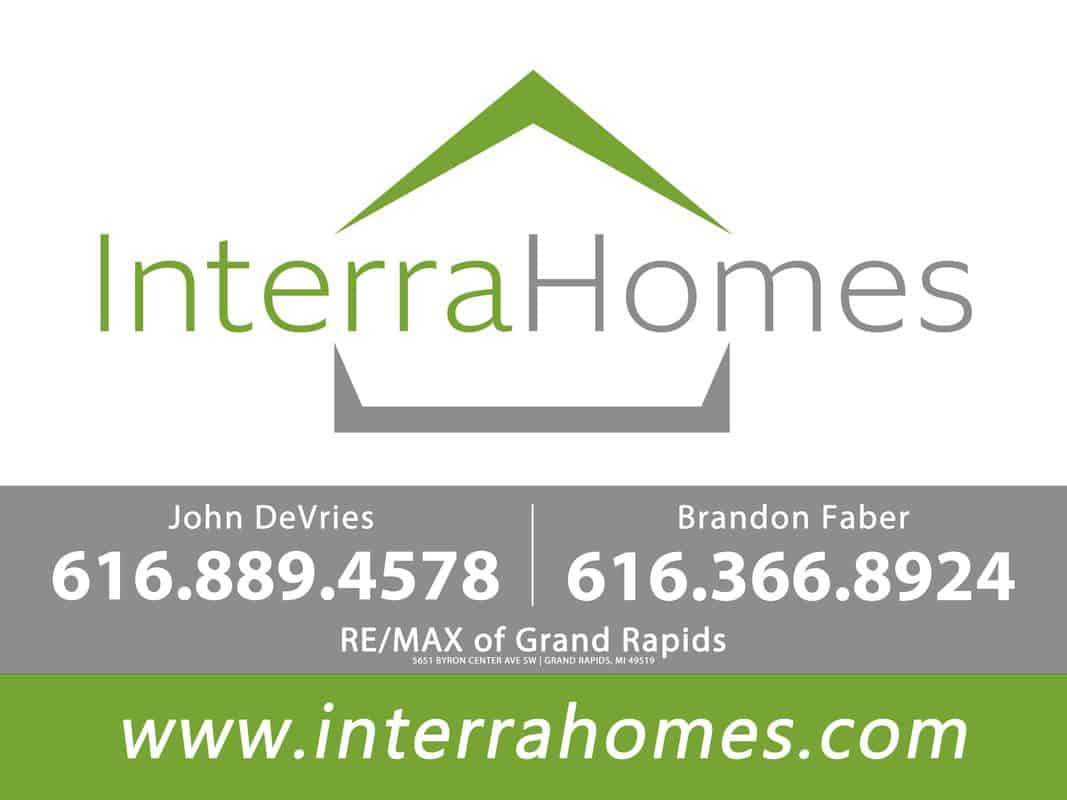 Interra Homes logo with contact details and website URL.