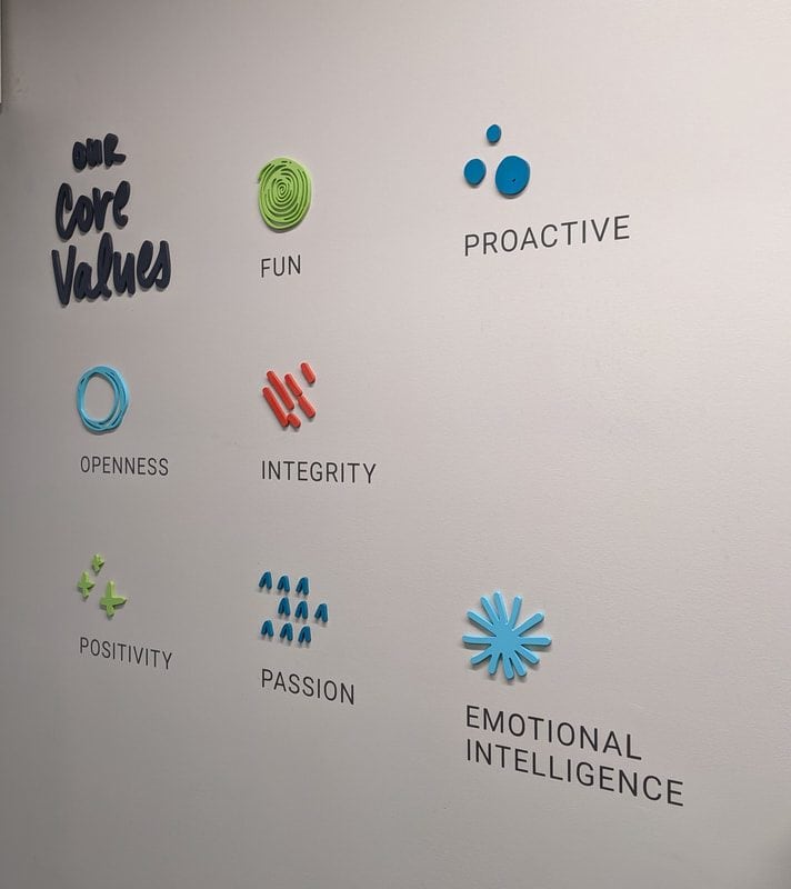 Display of core values including fun, proactive, openness, integrity, positivity, passion, emotional.