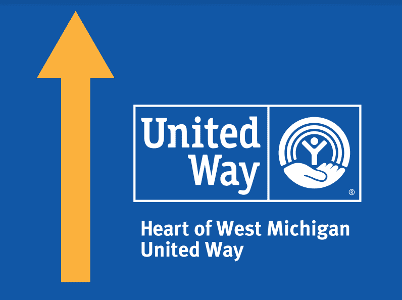 United Way Heart of West Michigan logo with upward arrow on blue background.