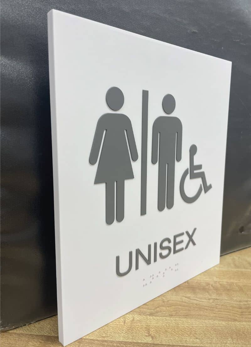 Unisex handicap accessible restroom sign with male, female, and wheelchair symbols.