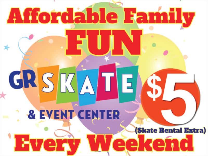 Family skate event poster with colorful balloons and $5 price.