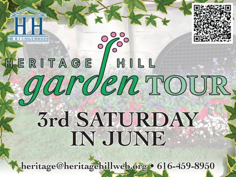 Heritage Hill garden tour poster with event details and contact info.