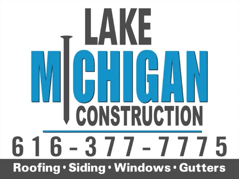 Construction company logo with Lake Michigan and contact info.