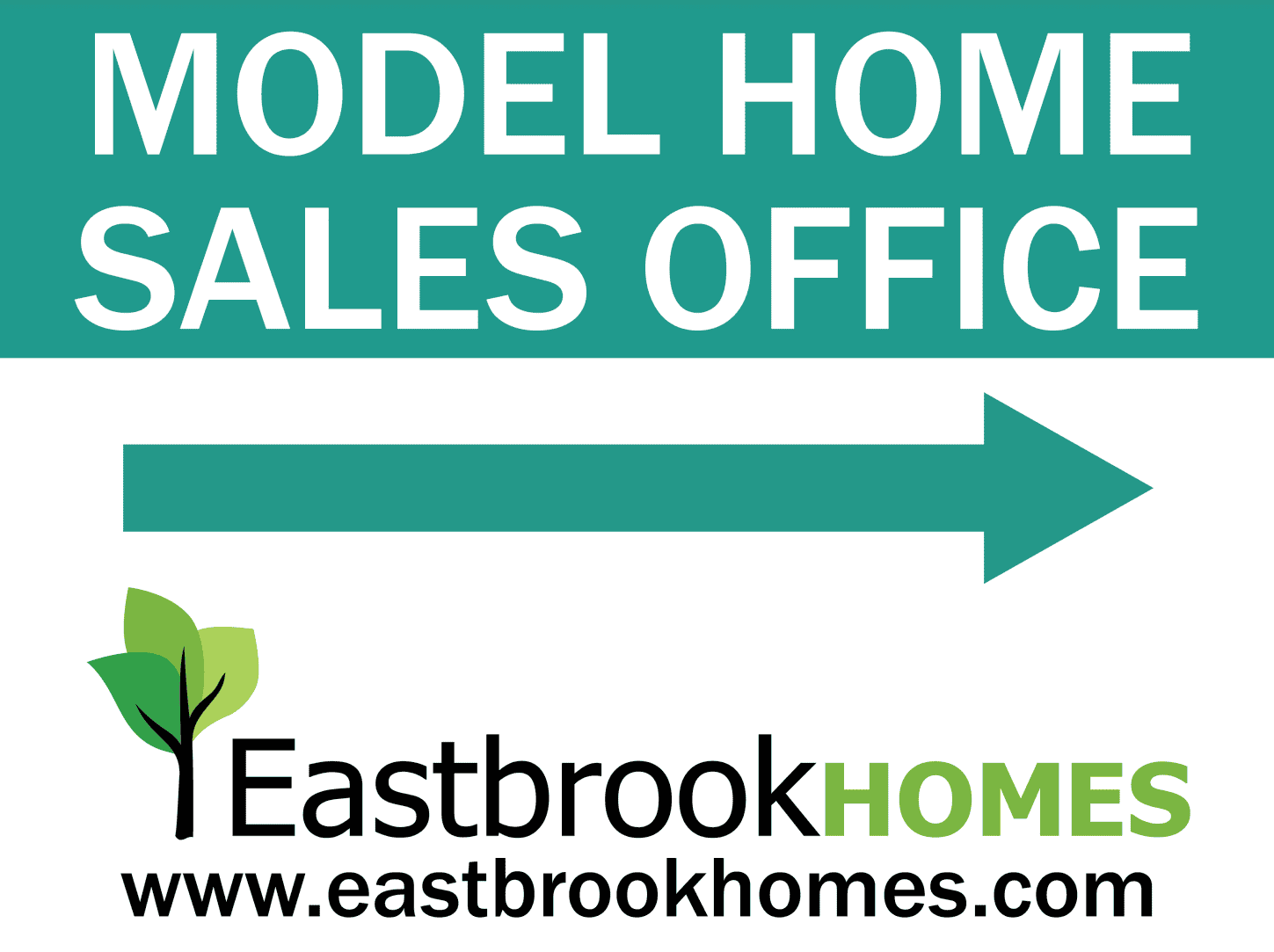 Directional sign for model home sales office with arrow and company logo.