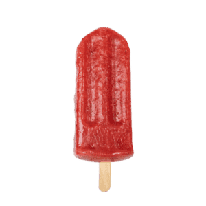 Red frozen ice cream bar on a wooden stick with a smooth surface.