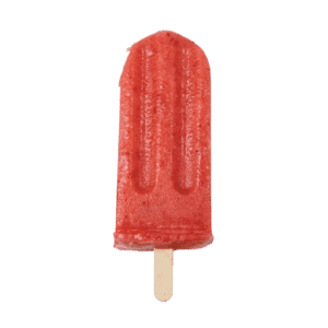 Red popsicle ice cream bar on a wooden stick with a textured surface.