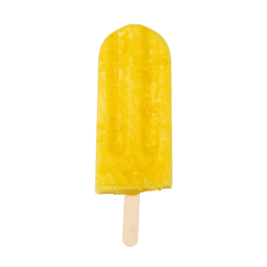 Yellow ice cream bar on a wooden stick, frozen and creamy.