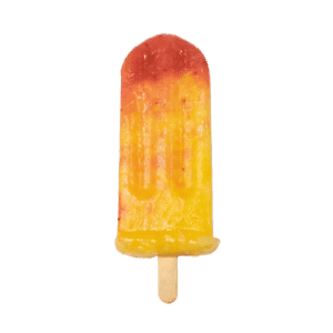 Frozen ice cream bar with orange and yellow colors on a wooden stick.