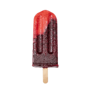 Red and black ice cream bar on a wooden stick with a glossy surface.