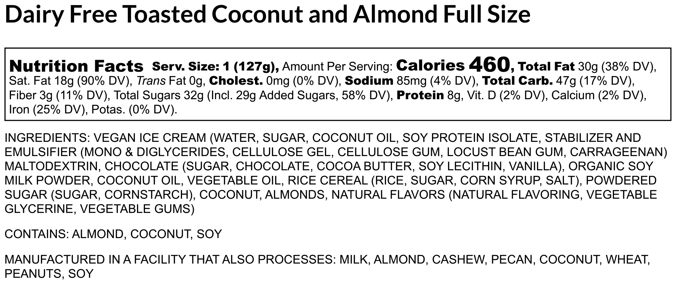 dairy free toasted coconut and almond full size nutrition label