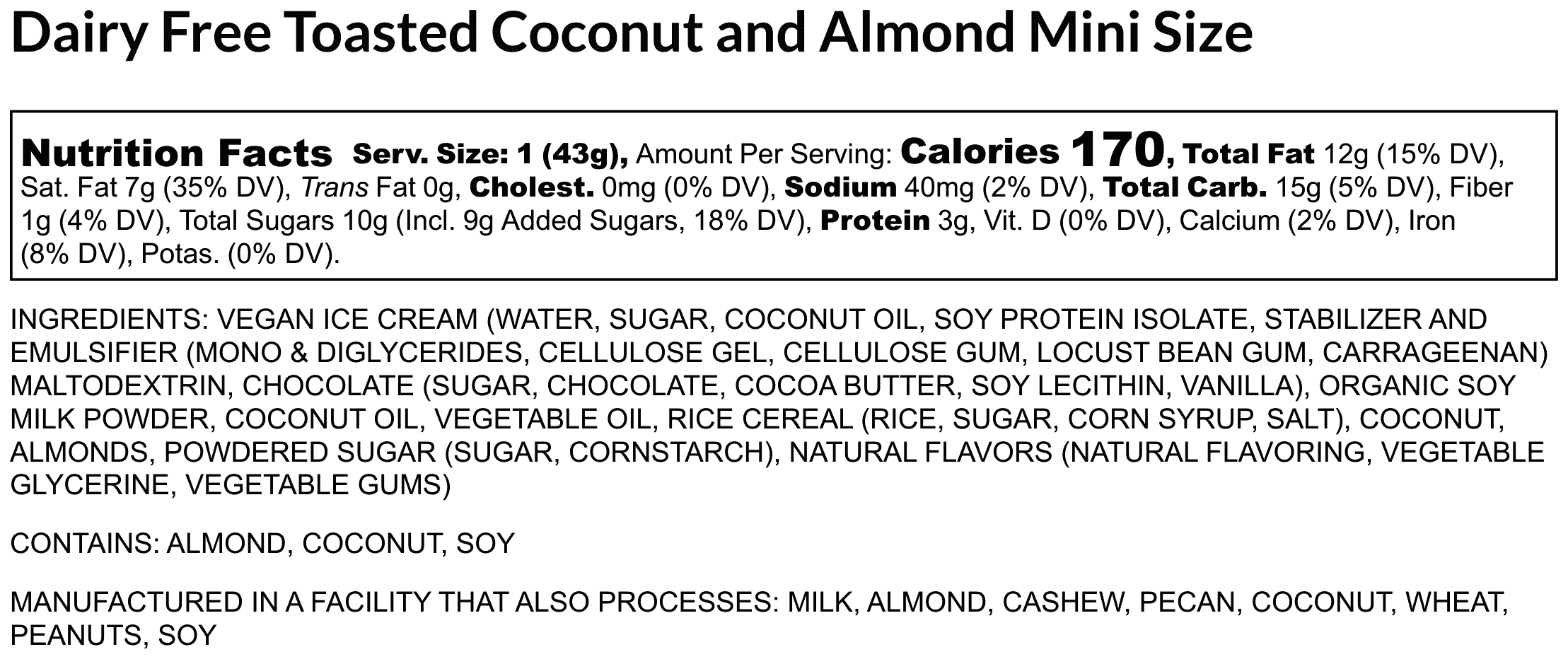 dairy free toasted coconut and almond mini size nutrition label