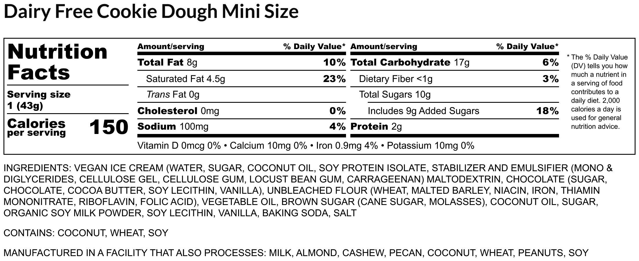dairy free cookie dough mini size nutrition label 001