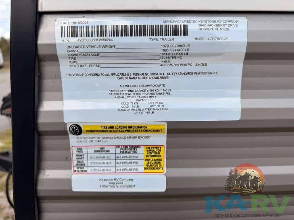 Close-up of Keystone Colorado 17RBC RV trailer specifications and weight info.