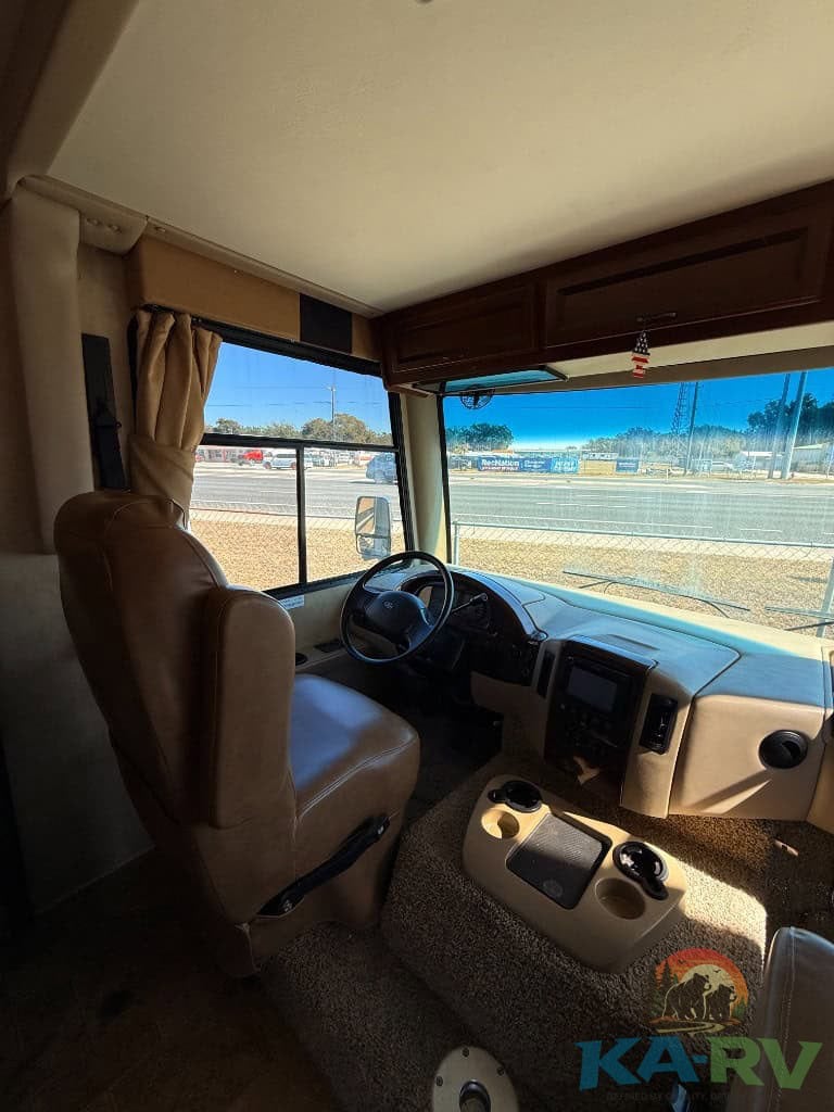 Accessible RV dashboard and driver seat for optimal travel comfort.