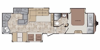 Interior view of a modern RV floor plan featuring a queen bedroom, kitchen, and living space.