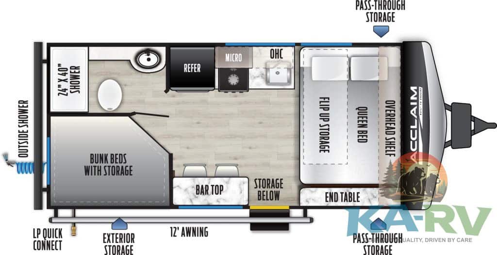 Spacious interior of the 2026 Acclaim 1610BHXLE RV, featuring sleeping areas, storage, and modern am.