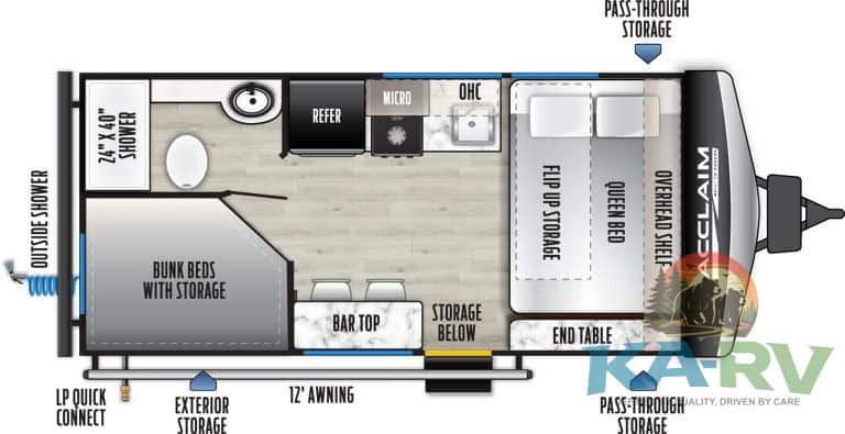 Spacious interior of the 2026 Acclaim 1610BHXLE RV, featuring sleeping areas, storage, and modern am.