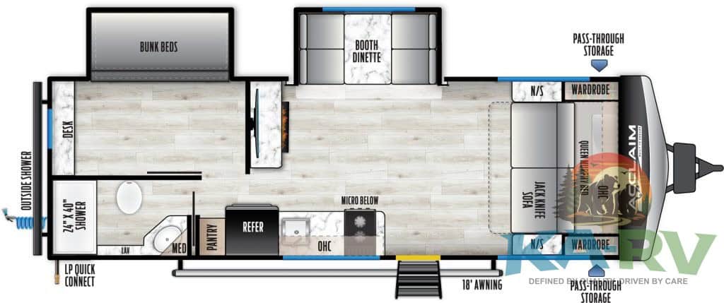 RV interior layout featuring bunk beds, a dinette, and ample storage options for travel comfort.