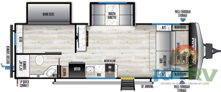 RV interior layout featuring bunk beds, a dinette, and ample storage options for travel comfort.