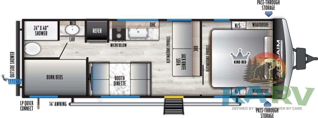 Spacious interior of 2026 Acclaim 2400BH RV with modern amenities and sleeping areas.
