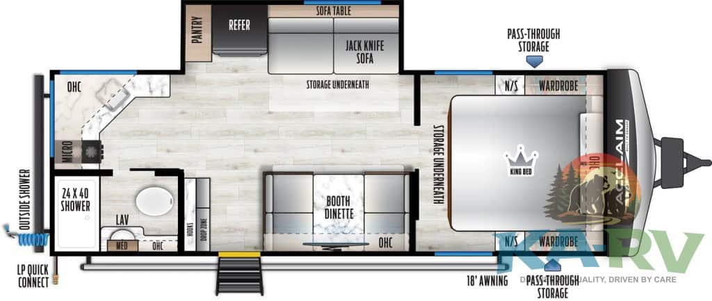 RV interior with kitchen, bathroom, and sleeping area.