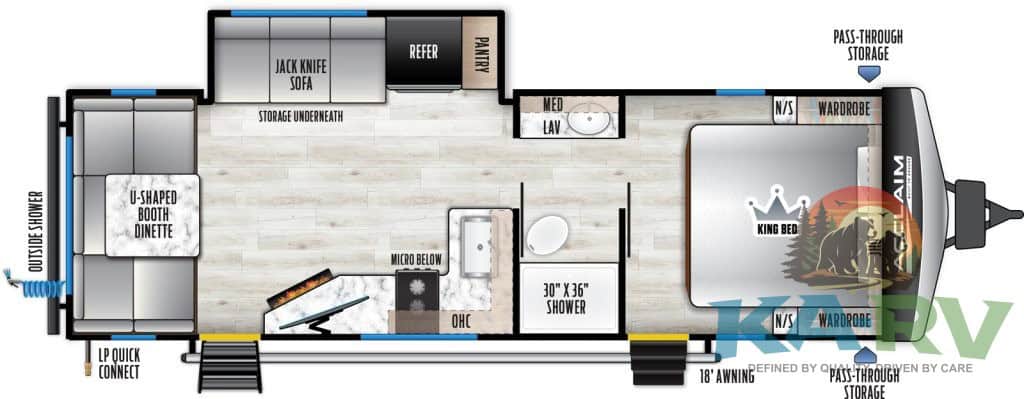 RV interior with bedroom, bathroom, and living area.