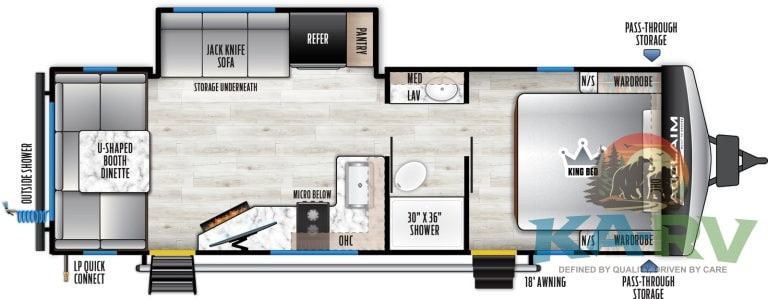 RV interior with bedroom, bathroom, and living area.