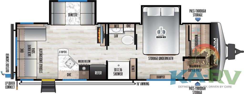 RV interior with kitchen, living space, and storage features for optimal comfort and functionality.