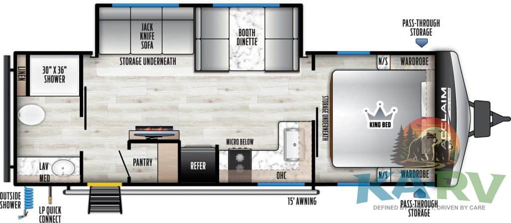 RV interior layout showing kitchen, bedroom, and storage areas for optimal travel comfort.