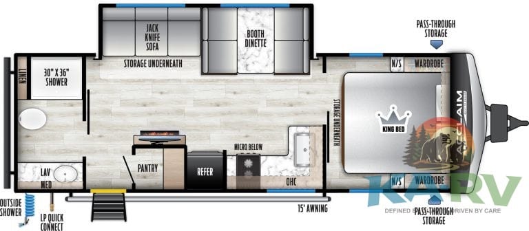 RV interior layout showing kitchen, bedroom, and storage areas for optimal travel comfort.