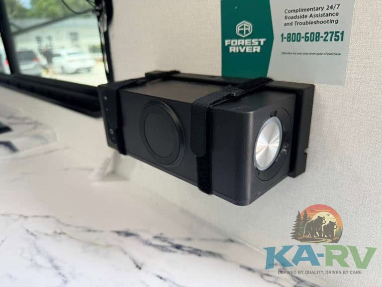 RV speaker mounted on wall for enhanced audio experience.
