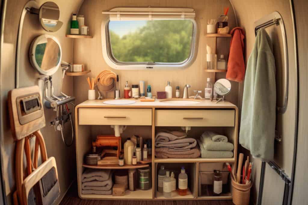 RV bathroom organization for space-saving and efficient use.
