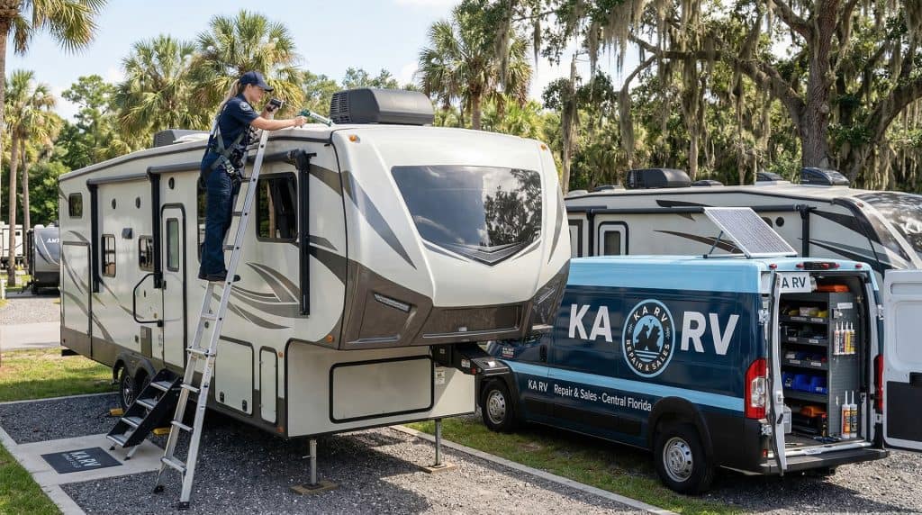 RV technician performing maintenance on a large travel trailer.