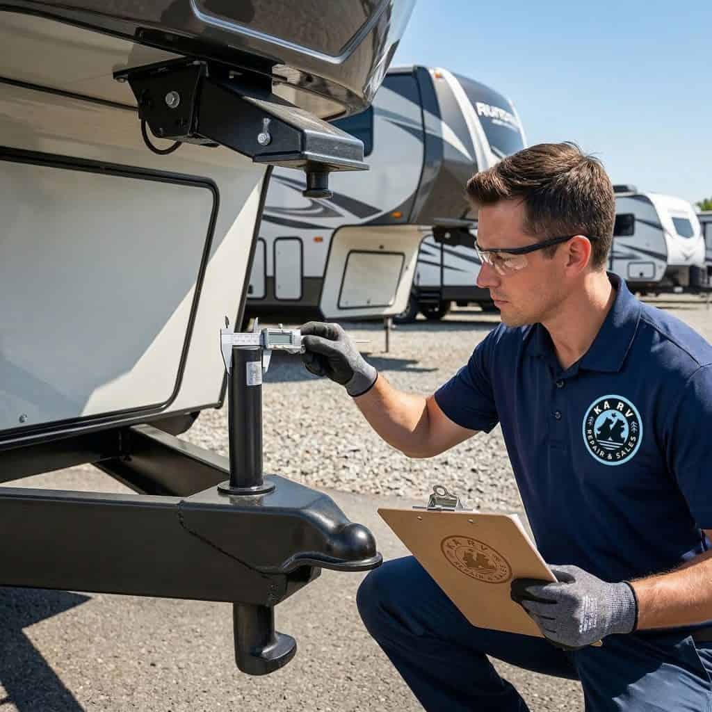Technician inspecting RV exterior with clipboard at RV repair site.