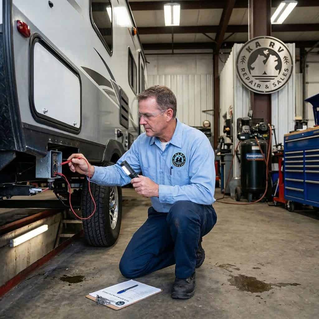 Technician testing RV electrical system with multimeter in repair shop.