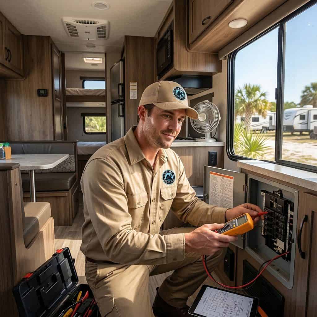 Technician inspecting RV electrical panel inside the camper.