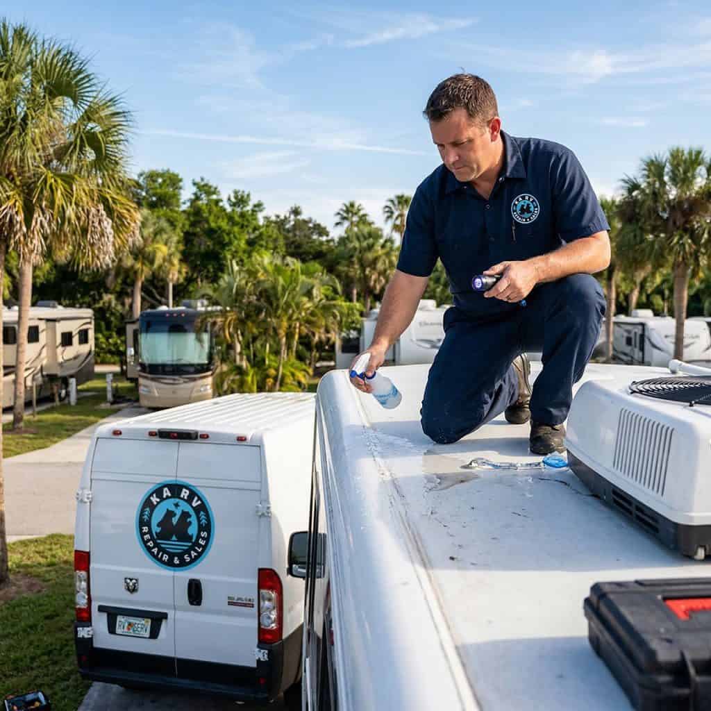 RV technician inspecting roof sealant on a camper van roof.