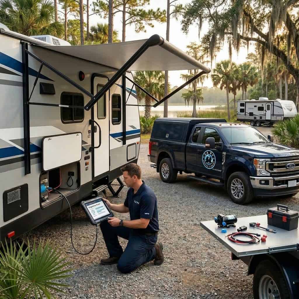 RV repair technician working on a travel trailer with diagnostic tools and equipment nearby.