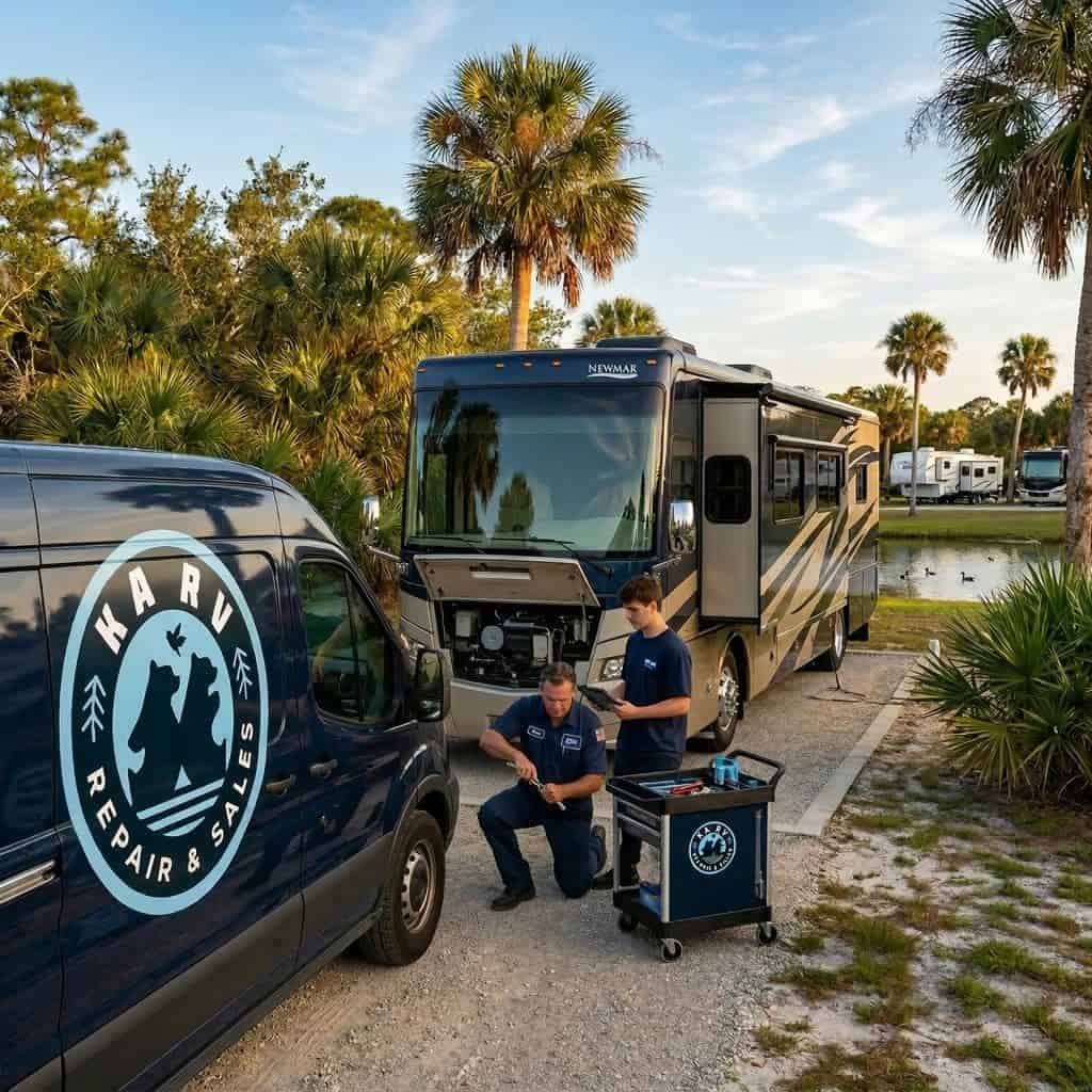 RV inspection being performed on a large motorhome outdoors in a scenic, tropical setting.