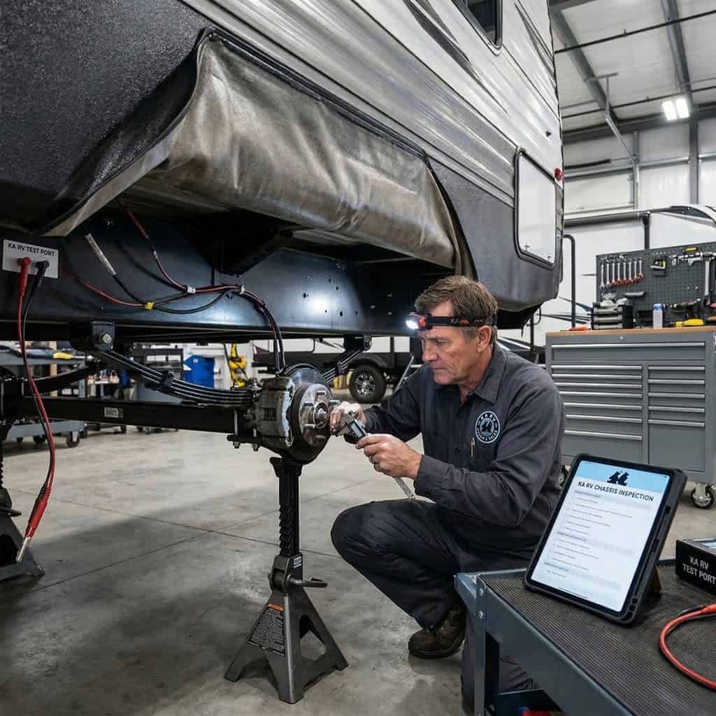 RV brake system being inspected and repaired by technician in workshop.