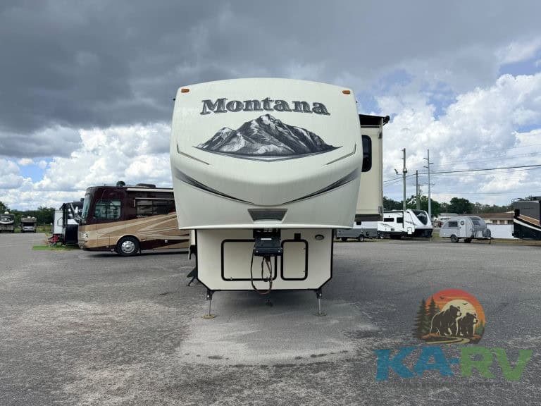 RV trailer with Montana branding at Karv Repair, specializing in RV and motorhome repairs.