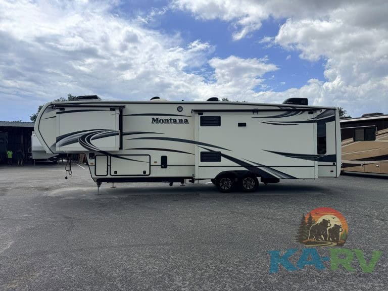 Montana RV trailer parked outdoors, ideal for Optima RV owners seeking reliable travel solutions.