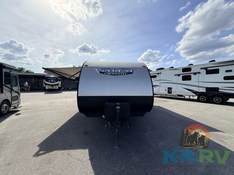 RV trailer with modern exterior and camping features.