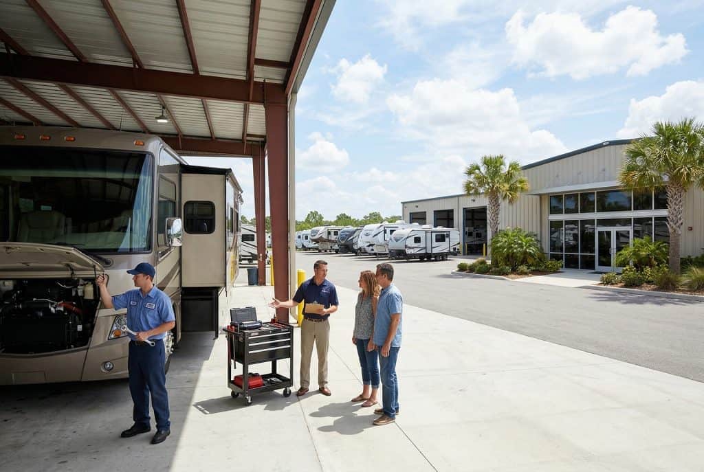 RV repair technicians assisting customers at KA RV Repair service center.