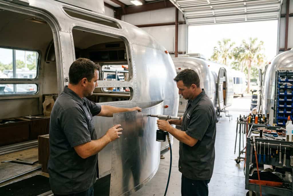 Restoring a vintage camper trailer with expert craftsmanship at KA RV Repair.