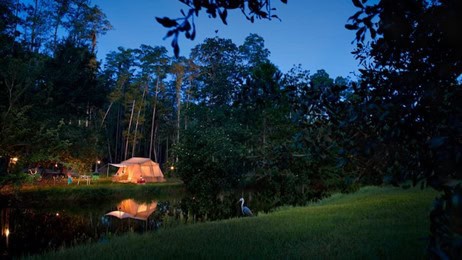 Camping by the lake at dusk with RV and nature scenery.