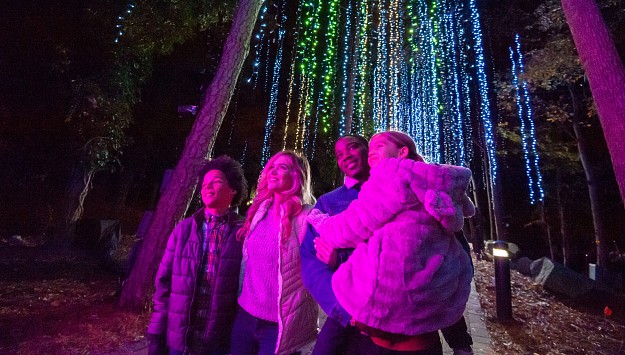 Family enjoying Christmas lights during RV trip.