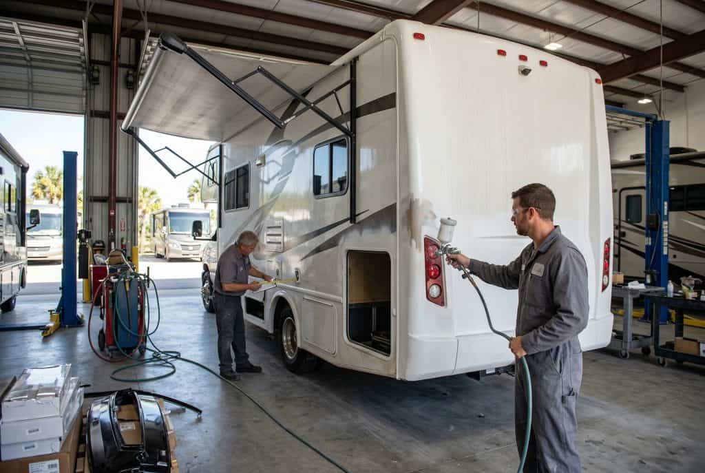 Technicians repairing an RV in a service bay at Karv Repair.