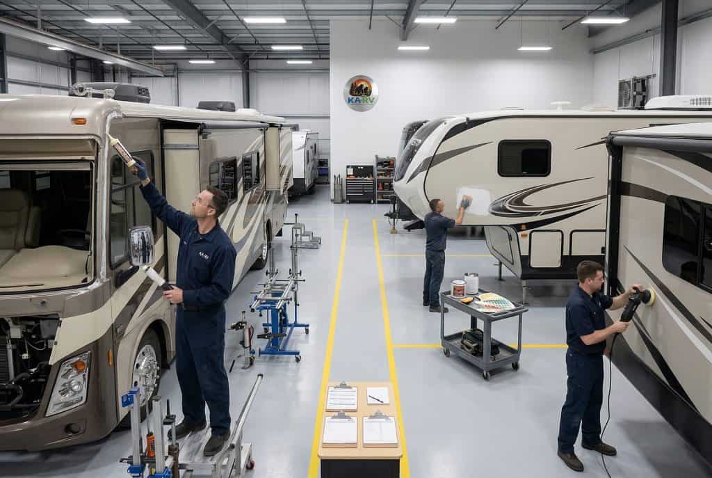 RV repair technicians working on motorhomes in a professional service facility.